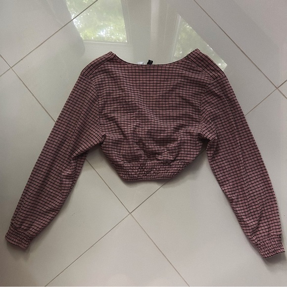 H&M Pink Plaid Crop Wrap Top - Picture 2 of 7